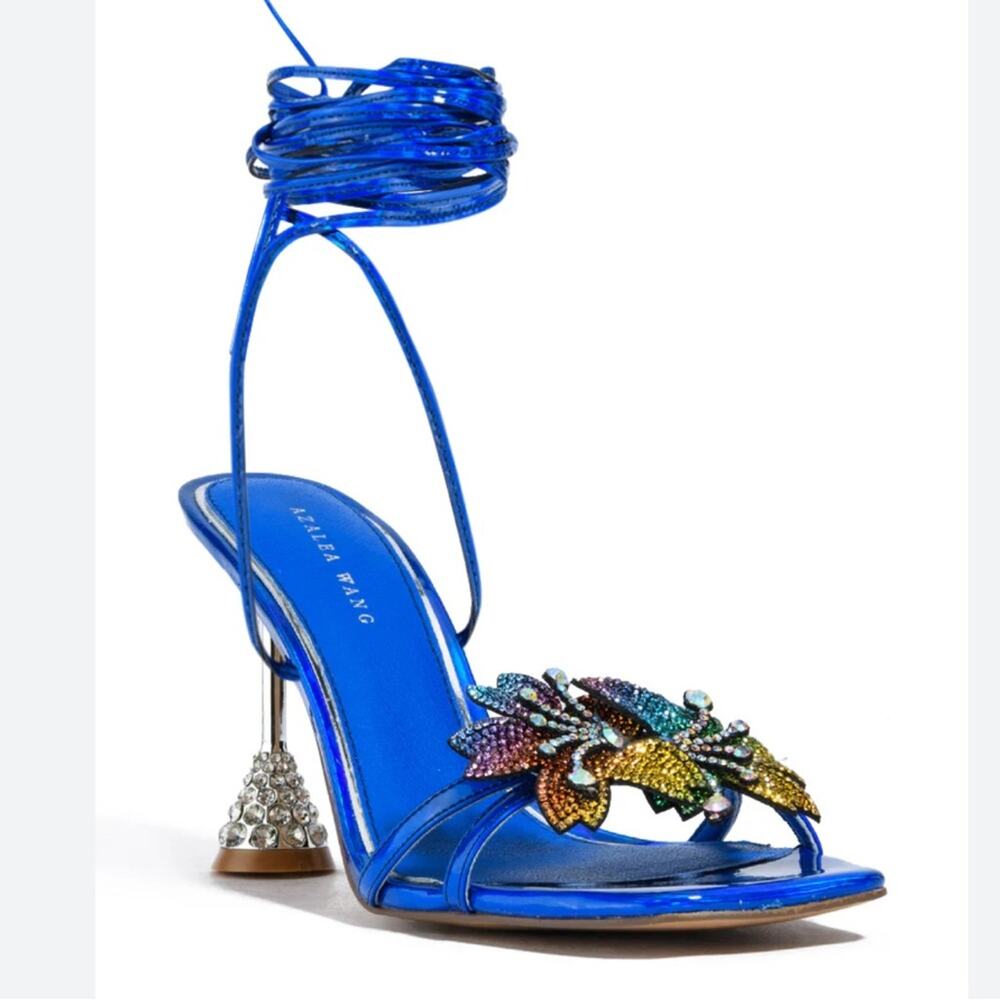 AZALEA WANG Blue Floral Rhinestone Wrap Ankle Wrap Heels Size 6